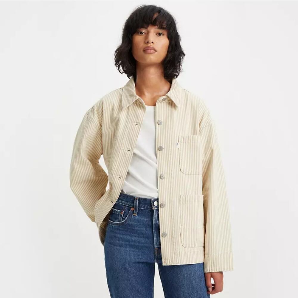 Levi's Premium Hickory Stripe Chore Coat Jacket Tan White Workwear Women's M